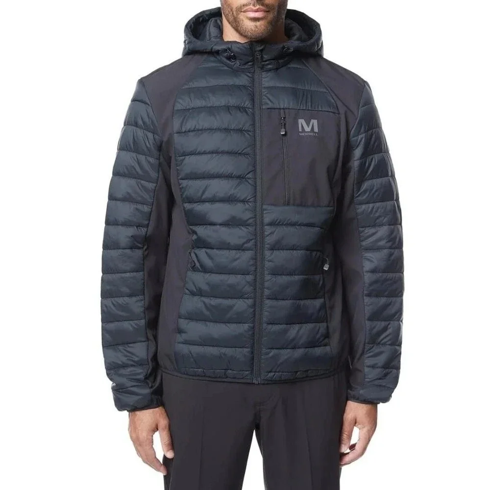 Merrell Men's Hooded Mixed Media Puffer Softshell Jacket, Black, XL